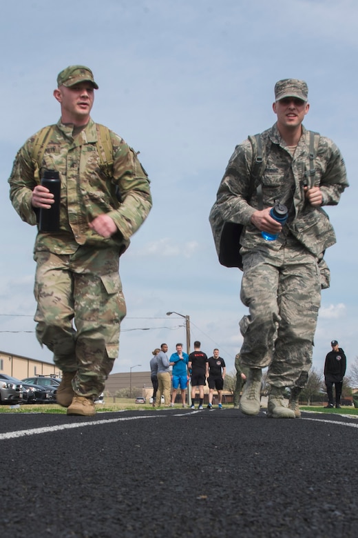 Fly-Away Security Team trainees jog to their designated training location at Joint Base Andrews, Md., March 1, 2017. This day focused on verbal judo, which is an important skill for Ravens to use to deescalate a situation without the use of physical force. (U.S. Air Force photo by Airman 1st Class Valentina Lopez)
