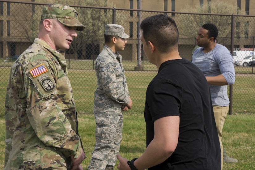 Participants of Fly-Away Security Team training, nicknamed “Pre-Raven,” practice verbal judo at Joint Base Andrews, Md., March 1, 2017. On this day, Pre-Raven trainees practiced verbal judo, which is an important skill for Ravens to use to deescalate a situation without the use of physical force. (U.S. Air Force photo by Airman 1st Class Valentina Lopez)