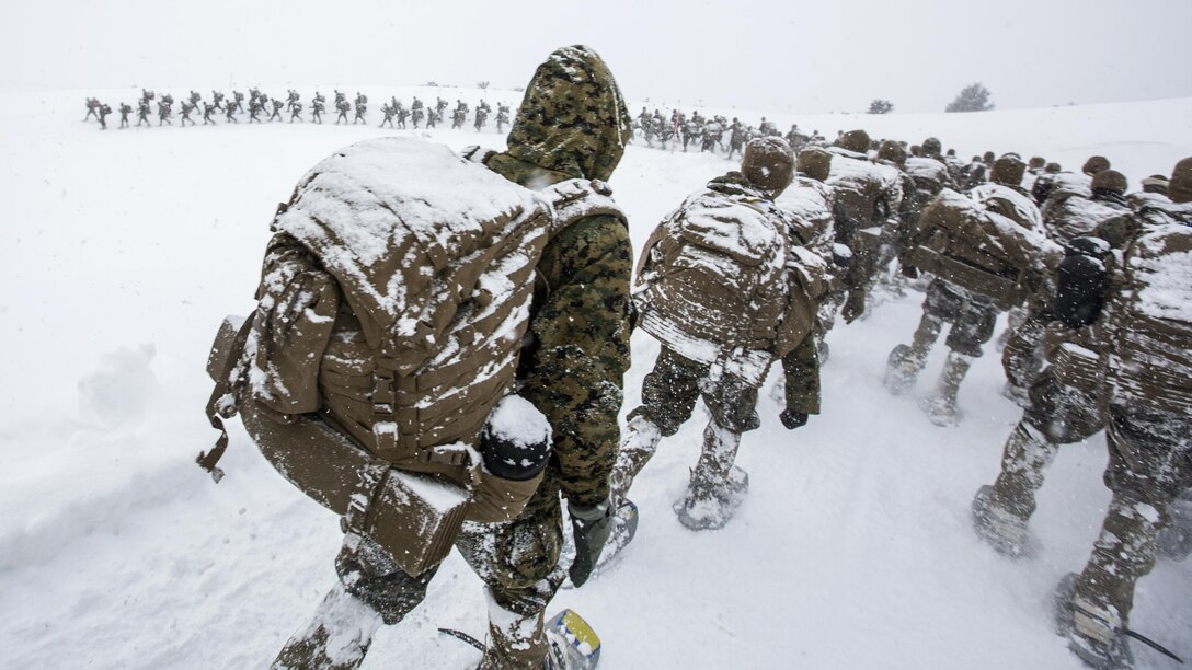 Marines descend a snowy loop during Mountain Training Exercise 2-17 at the Marine Corps Mountain Warfare Training Center in Bridgeport, Calif., Feb. 22, 2017. The Marines are assigned to the 1st Marine Division's 1st Combat Engineer Battalion, which conducted training that encompassed mobility and survivability operations in a mountainous, snow-covered environment. Marine Corps photo by Lance Cpl. Danny Gonzalez