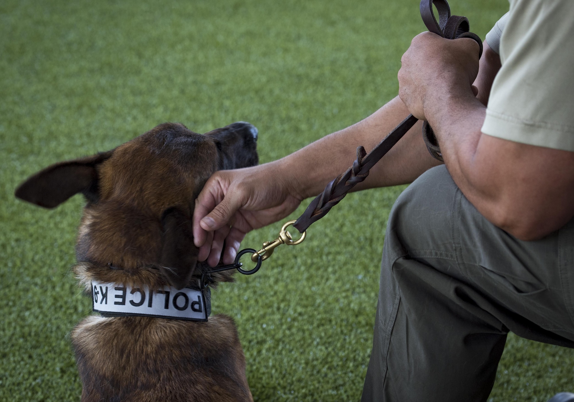 Officer Jose Cruz, Valdosta Police Department K-9 handler, pets his new dog, military working dog SSmokey, during a MWD leash transfer ceremony, Feb. 28, 2017, at Moody Air Force Base, Ga. Ssmokey was transferred from the care of Staff Sgt. Jason Ashmore, 23d SFS MWD trainer, to Cruz, where he will continue his work as an explosive detective dog in the local community. (U.S. Air Force photo by Airman 1st Class Lauren M. Sprunk)