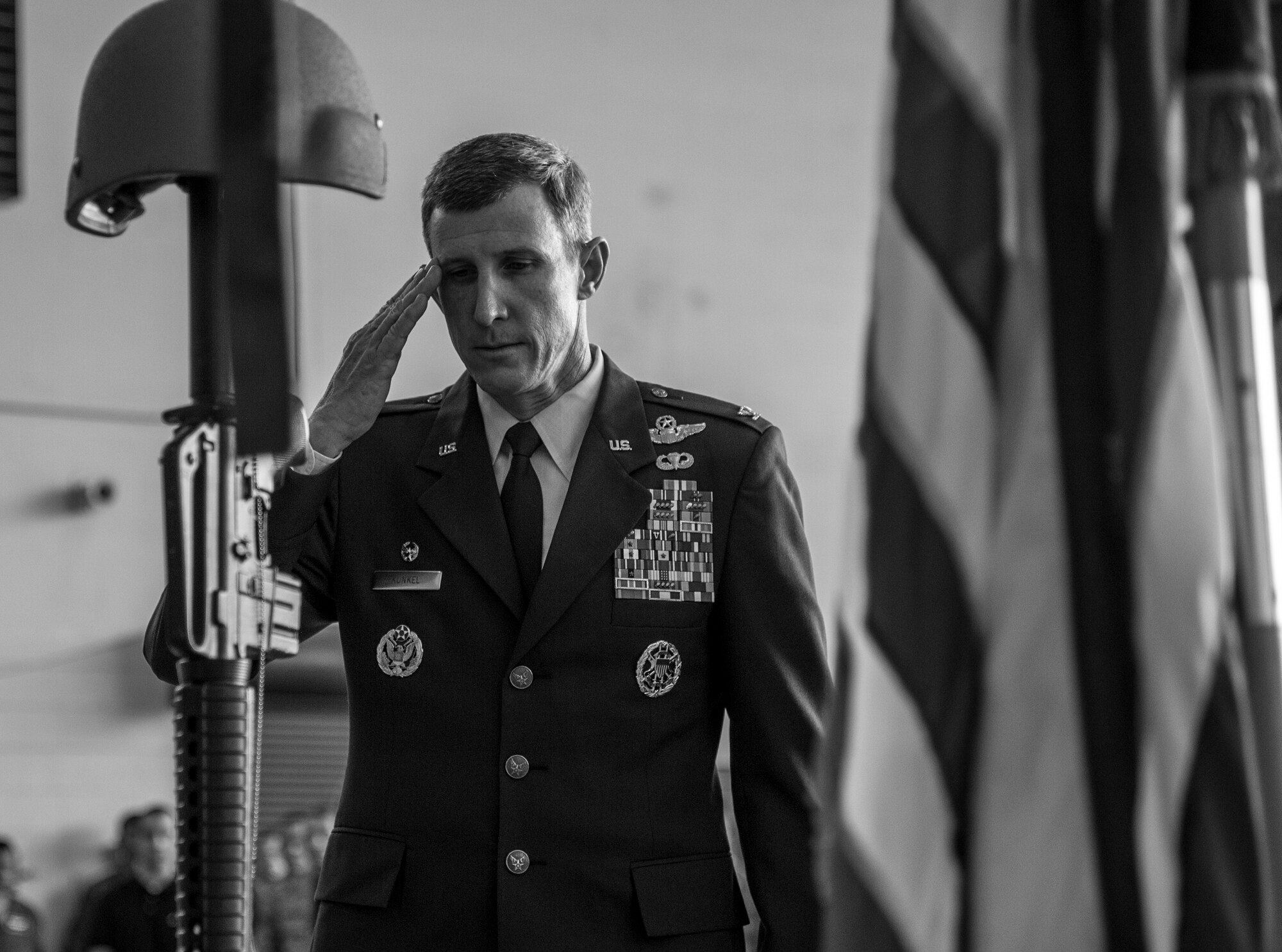 Col. Thomas Kunkel, 23d Wing commander, renders a final salute to a battlefield cross during a memorial ceremony in honor of Staff Sgt. Sara Toy, 74th Aircraft Maintenance Unit weapons team chief, March 1, 2017, at Moody Air Force Base, Ga. Toy, a New Kent, Virginia native, died in a car accident Feb. 25, 2017. During the ceremony, she was remembered as a valuable member of the Team Moody weapons community and was posthumously awarded the Air Force Commendation Medal and the rank of Staff Sergeant. 