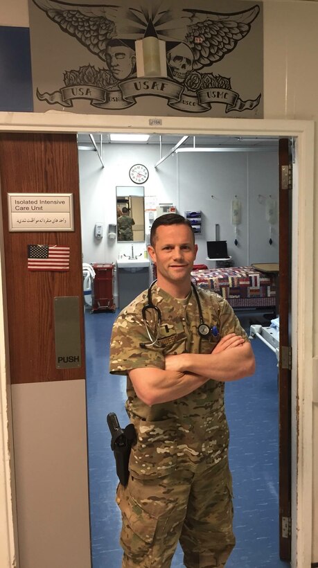 Capt. Jake Thueson is a registered nurse assigned to the 779th Medical Group.  He works in the Surgical Intensive Care Unit at Walter Reed National Military Medical Center. He was deployed to Bagram Airfield in Afghanistan, in October 2015. (Photo by Capt. Larry Gray)