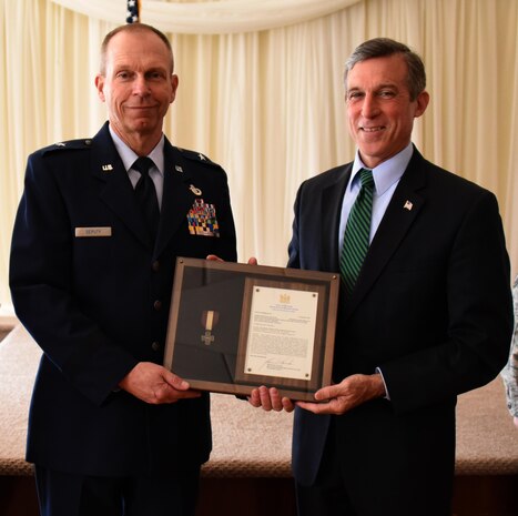 NEWARK, De.- Brig. Gen. David E. Deputy, chief of staff, Delaware National Guard, was presented the Delaware Conspicuous Service Cross by John C. Carney, Governor of Delaware, on March 2, 2017. A retirement luncheon was held at the Cavalier Country club in honor of Deputy for over forty years of service.(U.S. Air National Guard photo by Tech. Sgt. Gwendolyn Blakley\ Released). 