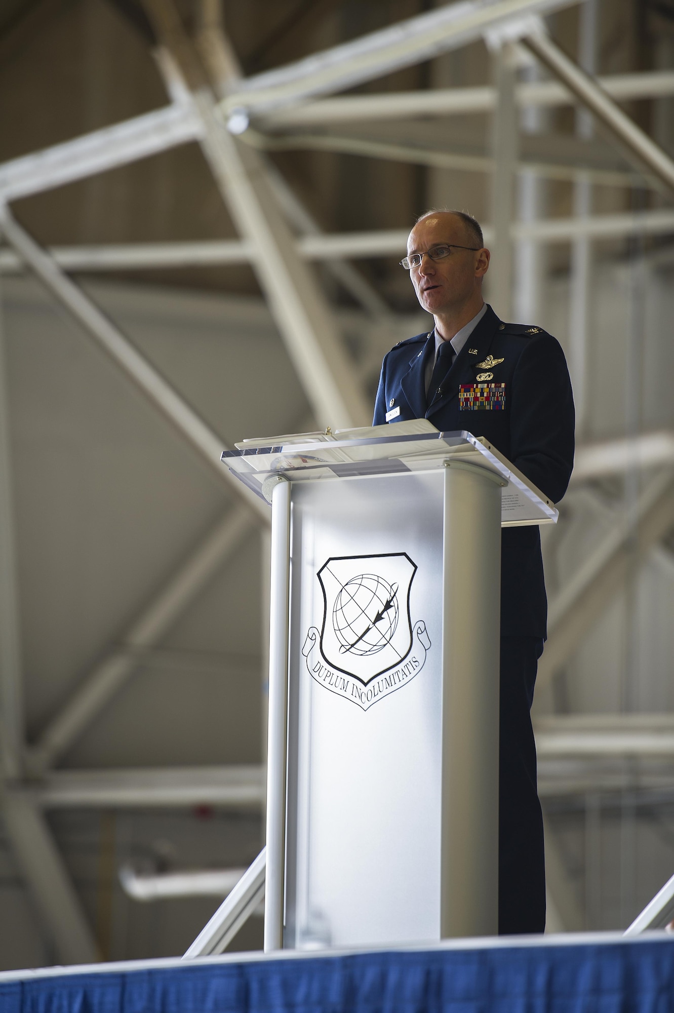 Col. Ryan Samuelson, 92nd Air refueling Wing commander, gives a speech to members of the community and Team Fairchild during the 75th Anniversary event, March 1, 2017, at Fairchild Air Force Base, Wash. This event was a kickoff for the 75th Anniversary. Skyfest and the Air Force ball will also highlight the 75th anniversary continuing to highlight Fairchild’s legacy of strong community ties and mission effectiveness. (U.S. Air Force photo/Airman 1st Class Sean Campbell)