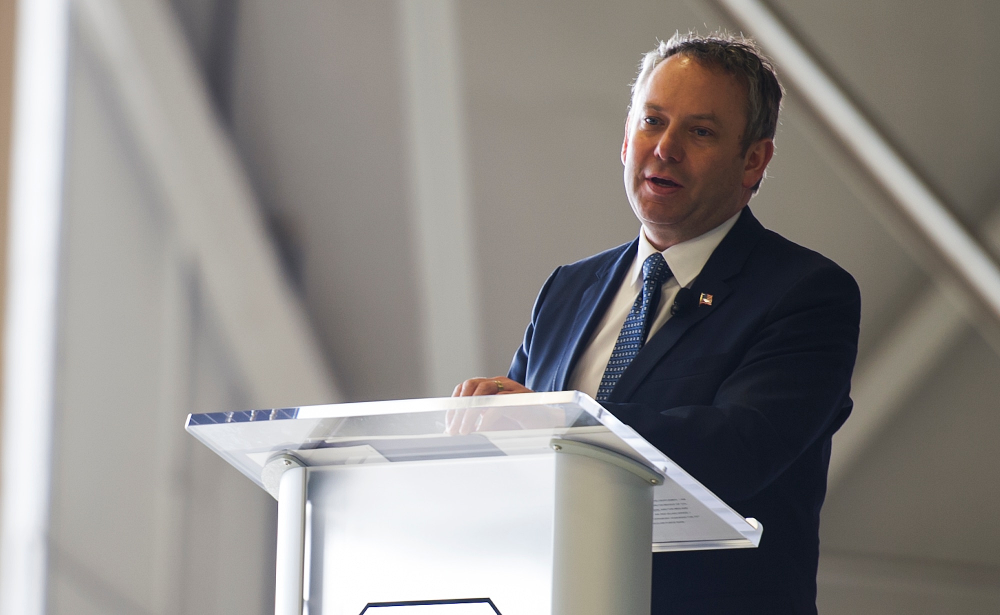 Spokane Mayor David Condon gives a speech to members of the community and Team Fairchild during the 75th Anniversary kickoff event, March 1, 2017, at Fairchild Air Force Base, Wash. The event included displays from different eras of the bases history, a ceremonial cake cutting, presentation of gifts and speeches from Samuelson and Condon. (U.S. Air Force photo/Airman 1st Class Sean Campbell)