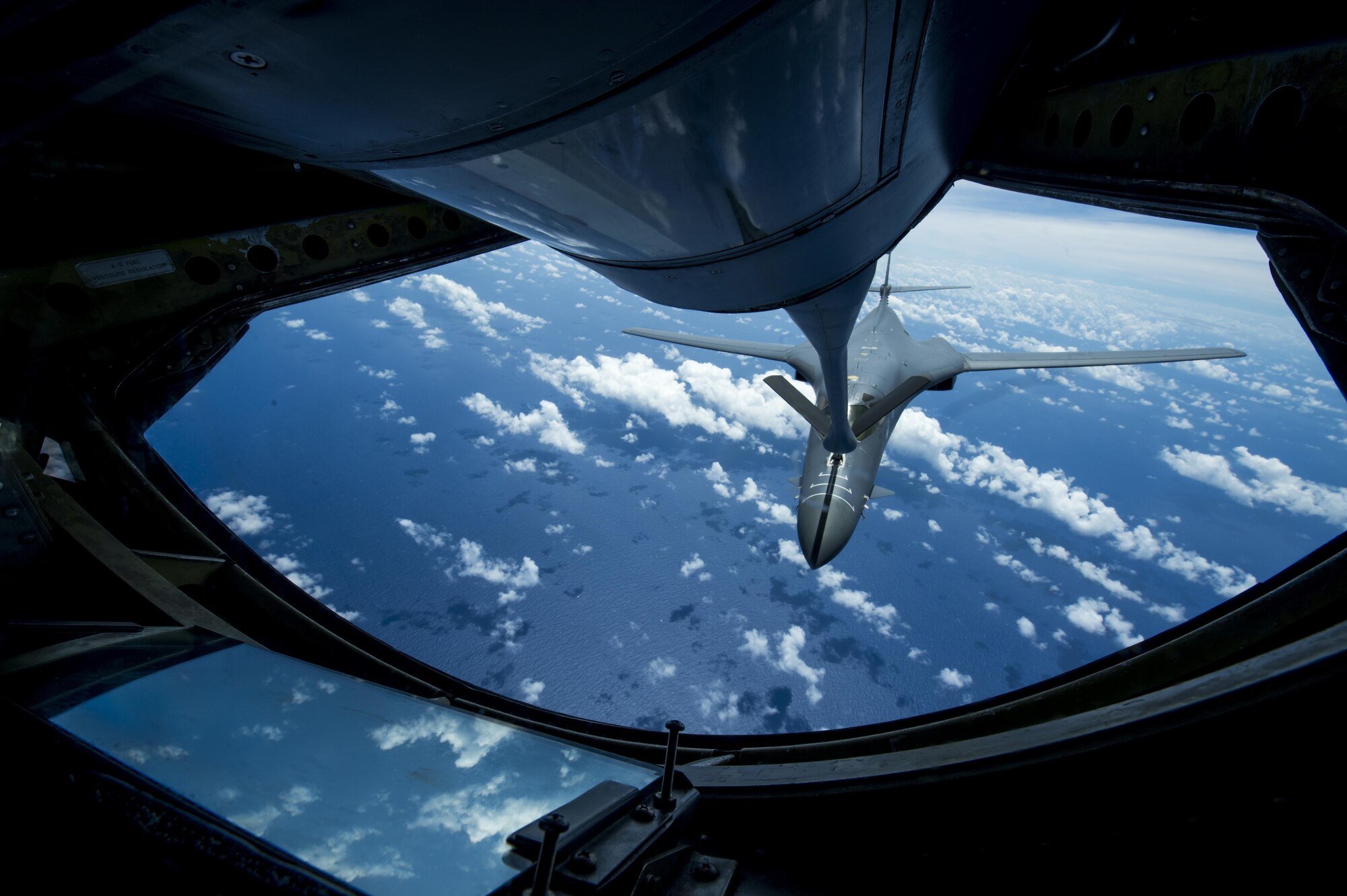 A U.S. Air Force B-1B Lancer assigned to the 9th Expeditionary Bomb Squadron receives in-flight fuel from a KC-135 Stratotanker during Cope North 17, March 2, 2017. The exercise includes 22 total flying units and more than 2,700 personnel from three countries and continues the growth of strong, interoperable relationships within the Indo-Asia-Pacific region through integration of airborne and land-based command and control assets. (U.S. Air Force photo by Staff Sgt. Keith James)