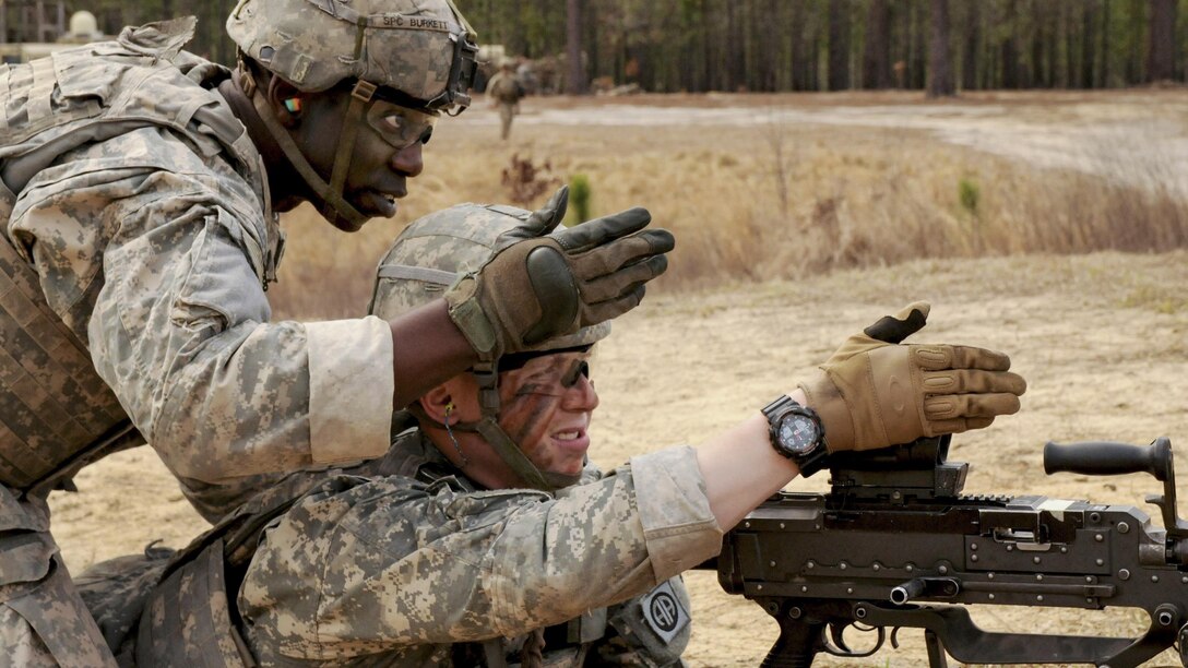 Paratroopers assigned to the 3rd Brigade Combat Team, 82nd Airborne Division zero an M240B machine gun before a live-fire exercise at Fort Bragg, N.C., Feb. 21, 2017. Army photo by Staff Sgt. Thomas Duval