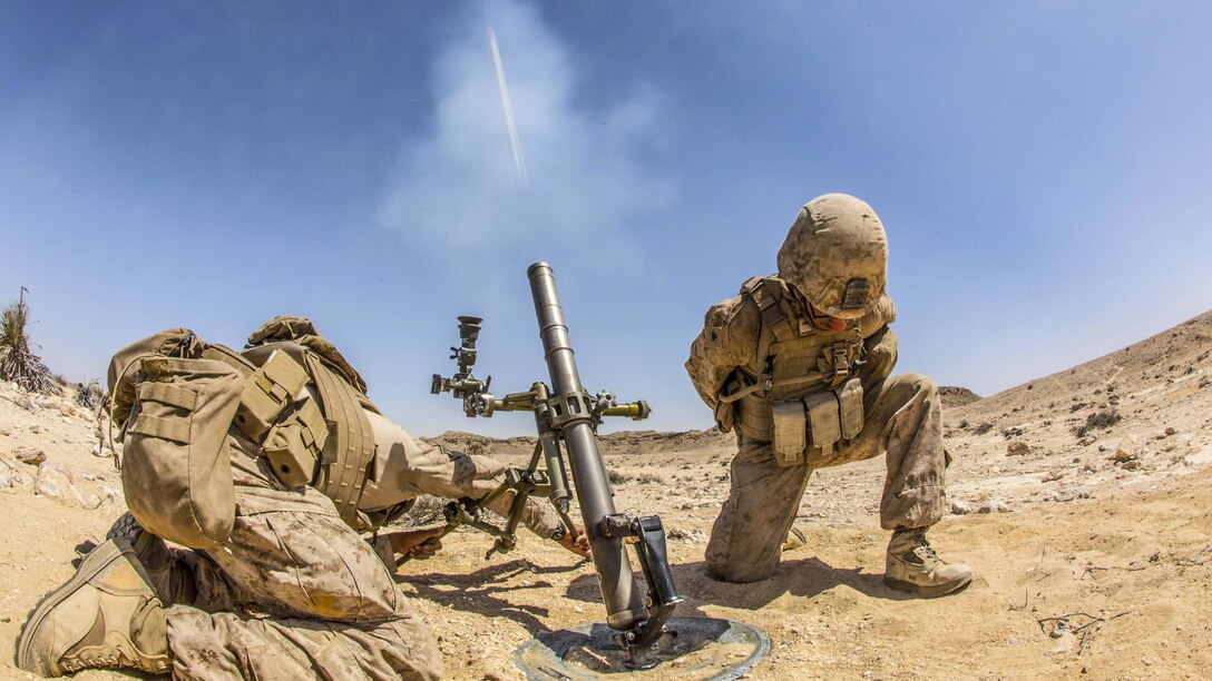 Marines fire an M252 81 mm mortar system during a live-fire range as part of Sea Soldier, an exercise with Omani soldiers, in Rabkut, Oman, Feb. 21, 2017. Marine Corps photo by Gunnery Sgt. Robert B. Brown Jr.
