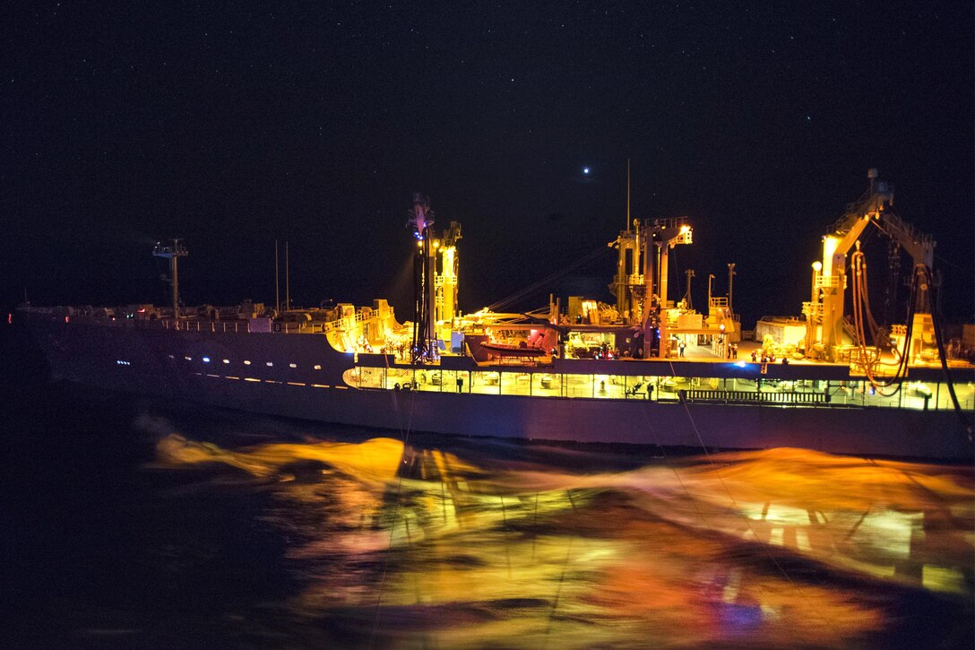 The replenishment oiler USNS Pecos steams alongside amphibious assault ship USS Bonhomme Richard during a fueling in the East China Sea, Feb. 28,2017. The Richard is in the Indo-Asia-Pacific region, serving as a forward-capability for any type of contingency. Navy photo by Petty Officer 2nd Class Diana Quinlan