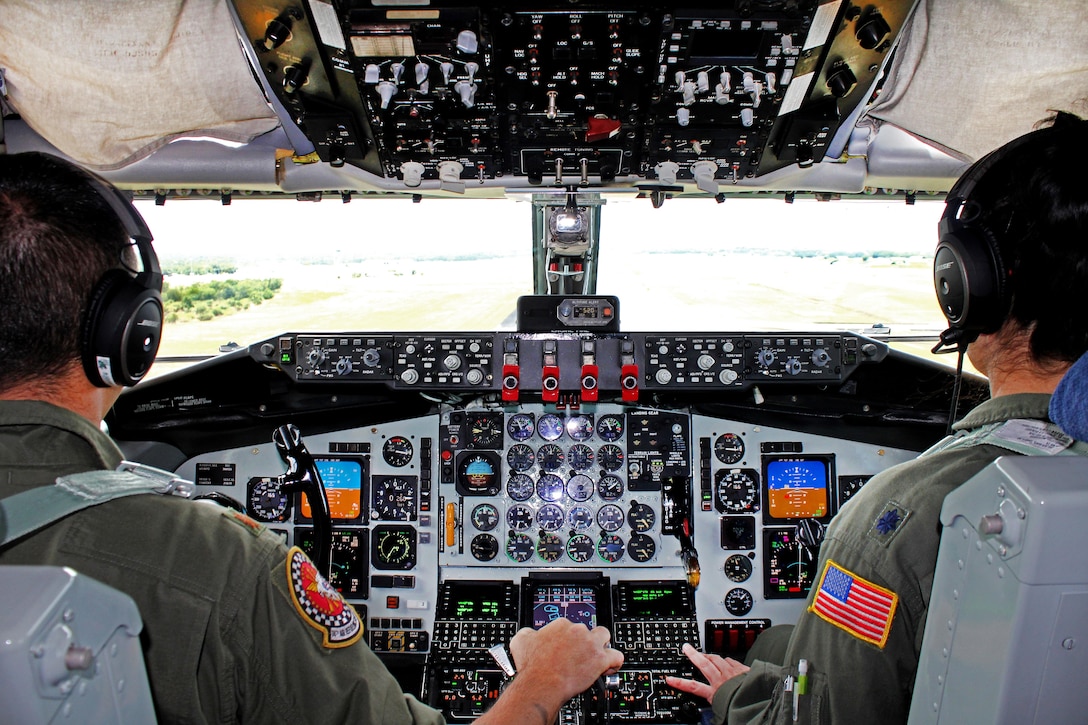 Air Force Maj. Matt Slabaugh, left, and Lt. Col. Shelby Basler land a KC-135 Stratotanker at Royal Australian Air Force Base Darwin, Australia, after completing a mission refueling Air Force F-22 Raptors March 2, 2017. Slabaugh and Basler are pilots assigned to the 434th Air Refueling Wing. Twelve F-22's and approximately 200 airmen participated in the first Enhanced Air Cooperation, an initiative under the Force Posture Agreement between the U.S. and Australia. Air Force photo by Maj. Lori Hodge