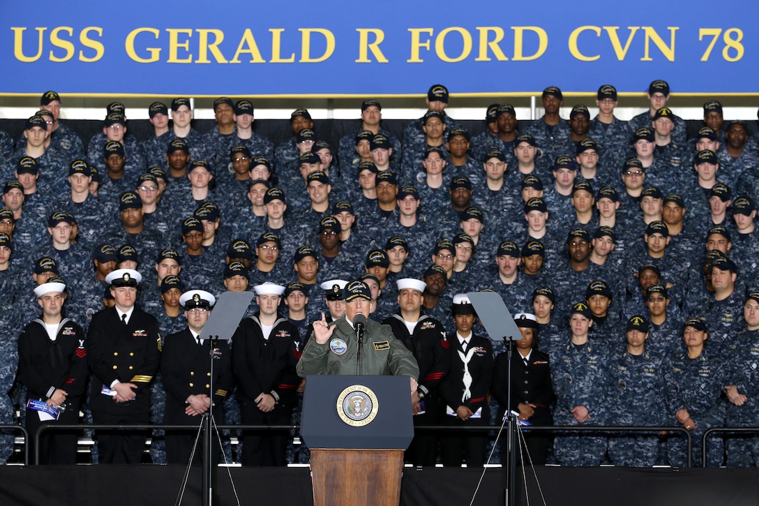 President Donald J. Trump speaks to sailors at an all-hands call inside the hangar bay of the future USS Gerald R. Ford in a visit to Newport News, Va., Mar. 2, 2017. Navy photo by Petty Officer 1st Class Joshua Sheppard

 
