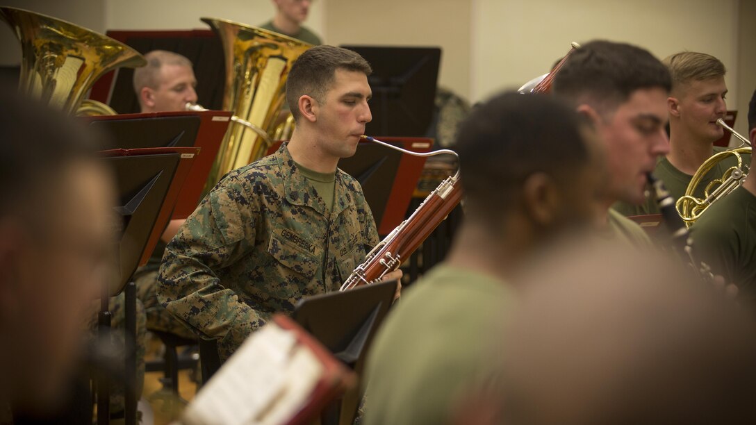 Sgt. Nathan R. Gembreska, a Toledo, Ohio native, rehearses with the III Marine Expeditionary Force Band at the III MEF Band Hall, Camp Foster, Okinawa, Japan, March 1, 2017. Gembreska’s primary instrument in the Marine Corps is the bassoon, but he is also proficient in the saxophone, piano, and piccolo. This year, he was nominated to represent the III MEF Band as the Marine Corps Musician of the Year for fiscal year 2016. (Marine Corps photo by Sgt. Kathy Nunez)