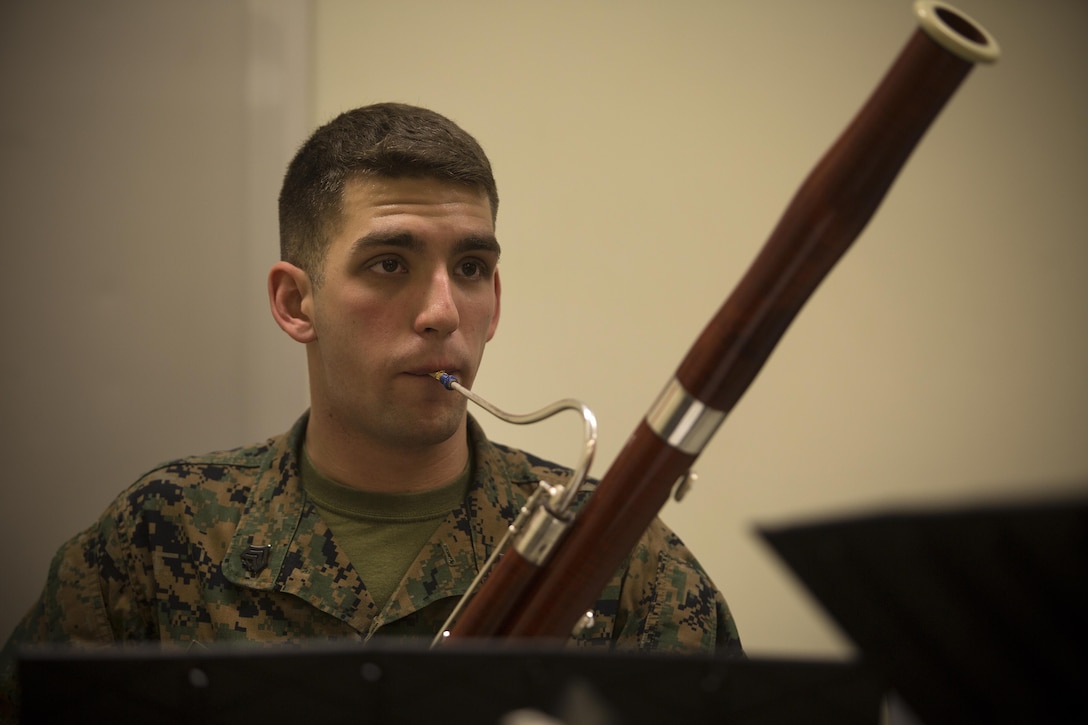 Sgt. Nathan R. Gembreska, a Toledo, Ohio native, rehearses with the III Marine Expeditionary Force Band woodwind quintet at the III MEF Band Hall aboard Camp Foster, Okinawa, Japan, March 1, 2017. Gembreska’s primary instrument in the Marine Corps is the bassoon, but he is also proficient in the saxophone, piano, and piccolo. This year, he was nominated to represent the III MEF Band as the Marine Corps Musician of the Year for fiscal year 2016. (Marine Corps photo by Sgt. Kathy Nunez)