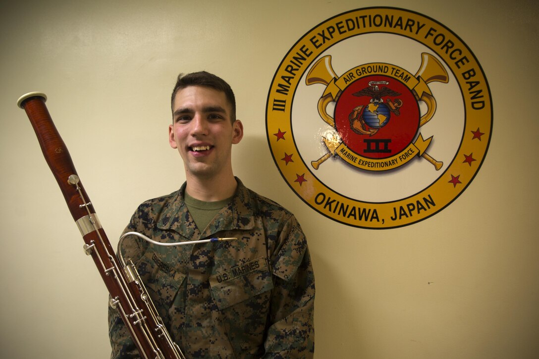 Sgt. Nathan R. Gembreska, a native of Toledo, Ohio, brought home a flyer for piano lessons at age seven and decided to begin his musical career as a pianist. Throughout middle and high school, he picked up the alto saxophone, piccolo, and bassoon and competed throughout the state. Gembreska joined the Marine Corps in 2013 as a bassoonist. He is currently with the III Marine Expeditionary Force Band in Okinawa, Japan. “Seventeen years later, here I am,” said Gembreska. “Because of that [decision], I’m playing the bassoon in the Marine Corps.” (Marine Corps photo by Sgt. Kathy Nunez)
