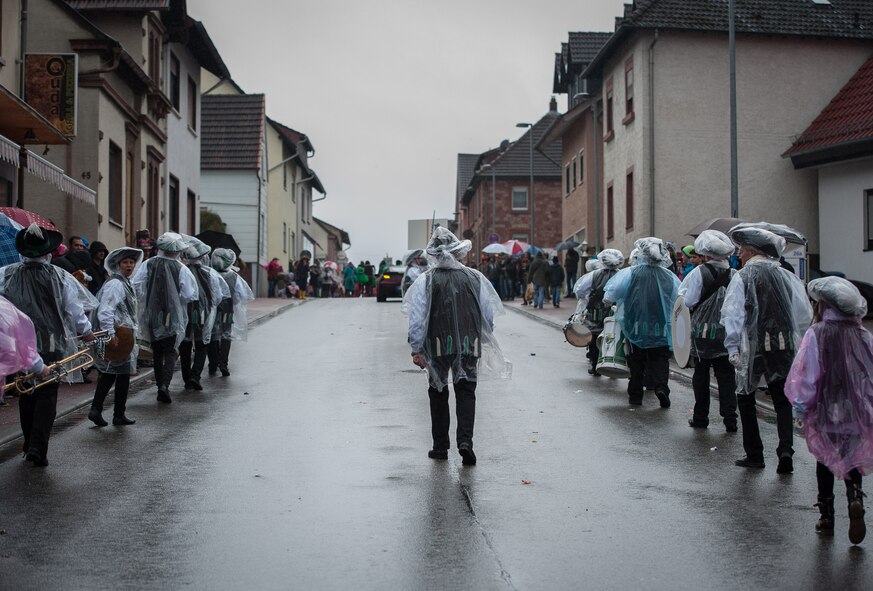 Musical performers march in a parade during fasching, a festival held across Europe, in the city of Ramstein, Germany, Feb. 28, 2017. Often throughout these festivals is loud music played by dozens of groups parading through the streets. (U.S. Air Force photo by Senior Airman Lane T. Plummer)