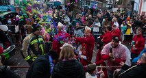 A man blasts pieces of colored paper at a crowd during fasching, a festival held across Europe, in the city of Ramstein, Germany, Feb. 28, 2017. Fasching is Germany’s carnival season. It starts on the 11th day of November at exactly 11 minutes after 11 am and ends at the stroke of midnight on Shroud Tuesday—often referred to as Fat Tuesday. (U.S. Air Force photo by Senior Airman Lane T. Plummer)