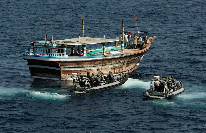 A visit, board, search and seizure (VBSS) team from the Royal Australian Navy Anzac-class frigate HMAS Arunta (FFH 151) prepare to board a suspicious fishing dhow. Arunta seized more than 800 kg of hashish while conducting maritime security operations in the Arabian Sea, March 2. The ANZAC-class frigate made the seizure as part of Combined Task Force (CTF) 150, which was the first intercept of narcotics since December. The Canadian-led CTF 150 is one of three task forces under the U.S.-led Combined Maritime Forces (CMF). 