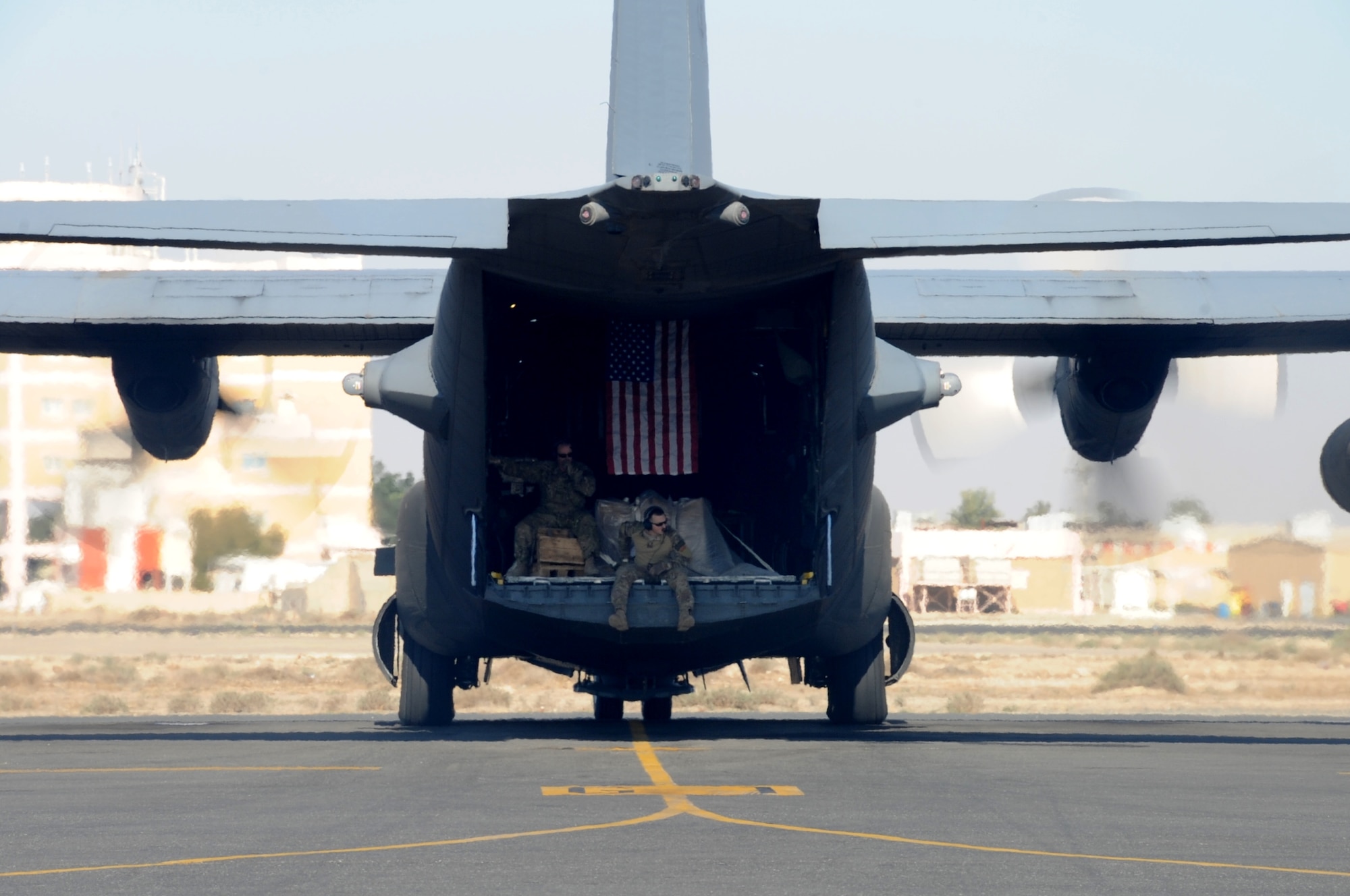 A 737th Expeditionary Airlift Squadron C-130H Hercules taxis on the flightline Feb. 8, 2017 at an undisclosed location in Southwest Asia. The 737th includes Airmen deployed from the 182nd Airlift Wing, Illinois Air National Guard, and supports Operation Inherent Resolve by delivering personnel and cargo downrange. (U.S. Air Force photo/Tech. Sgt. Kenneth McCann)
