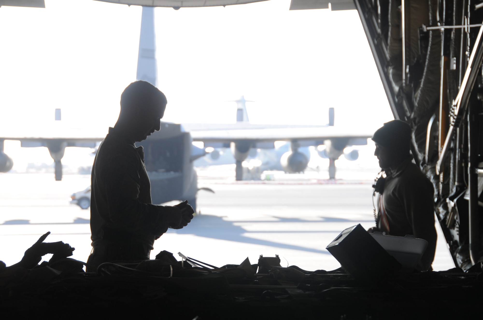 737th Expeditionary Airlift Squadron Airmen load a C-130H Hercules at an undisclosed location in Southwest Asia Feb. 8, 2017. The 737th includes Airmen deployed from the 182nd Airlift Wing, Illinois Air National Guard, and supports Operation Inherent Resolve by delivering personnel and cargo downrange. (U.S. Air Force photo/Tech. Sgt. Kenneth McCann)