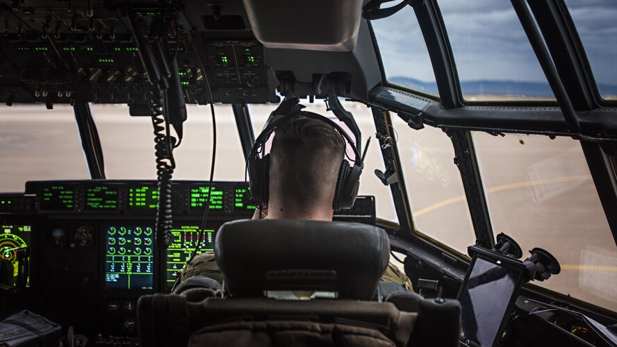 Capt. Jesse Moulton, 774th Expeditionary Airlift Squadron C-130J Hercules pilot, prepares for takeoff on a mission from Herat to Hamid-Karzai International Airport, Afghanistan, Feb. 17, 2017. The 774th EAS uses the unique versatility of the C-130 to provide tactical airlift capabilities for units which often require non-standard or outsized cargo and personnel movement. (U.S. Air Force photo by Staff Sgt. Katherine Spessa)