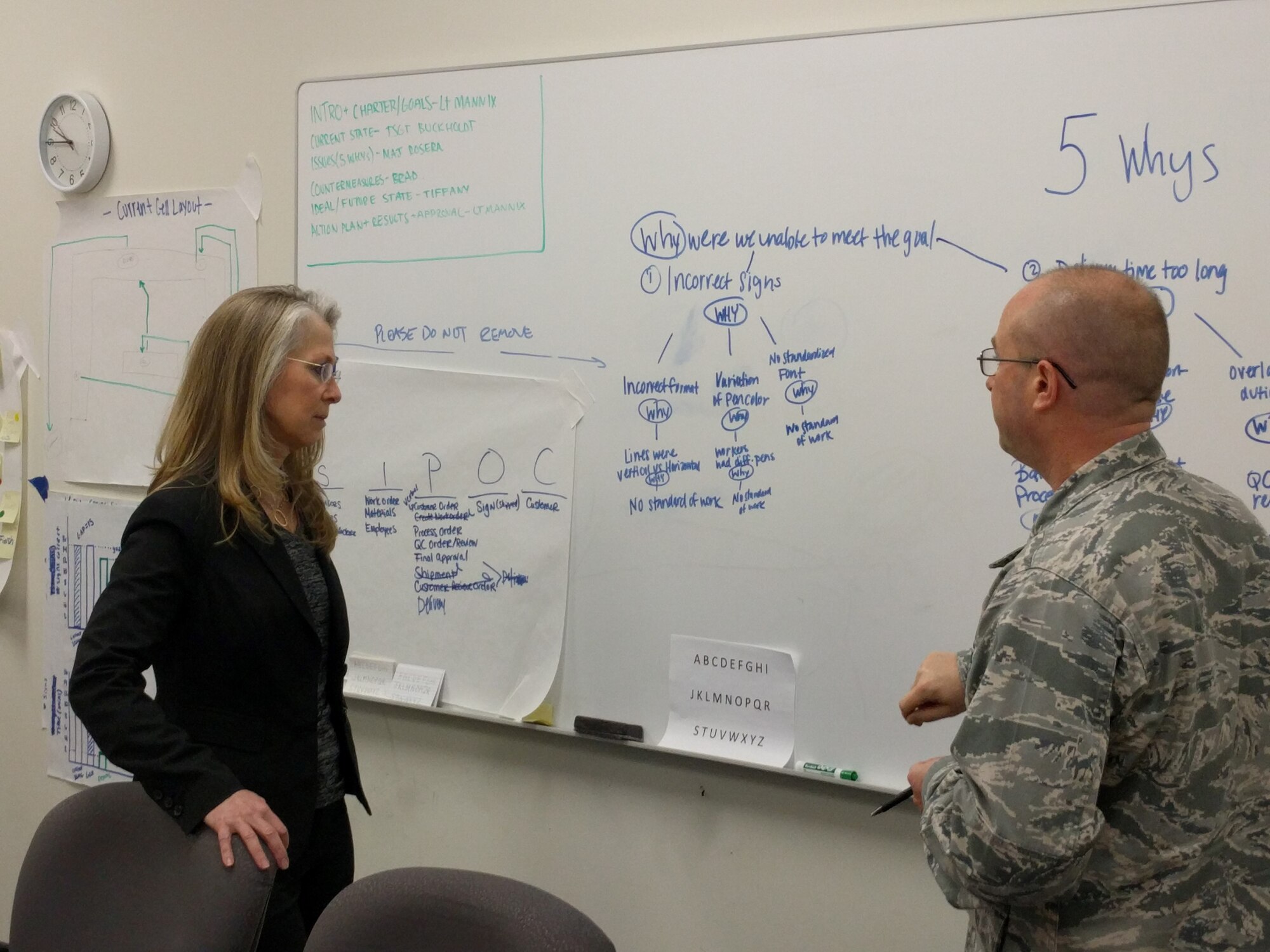 Sandra Speake, the master process officer for Air Force Materiel Command’s Continuous Process Improvement effort discusses a team out-brief with Maj. Daniel Rosera during a recent CPI seminar. The objective is to enable all Airmen to eliminate waste and maximize customer value through the application of several widely accepted process improvement methodologies.(Contributed photo)