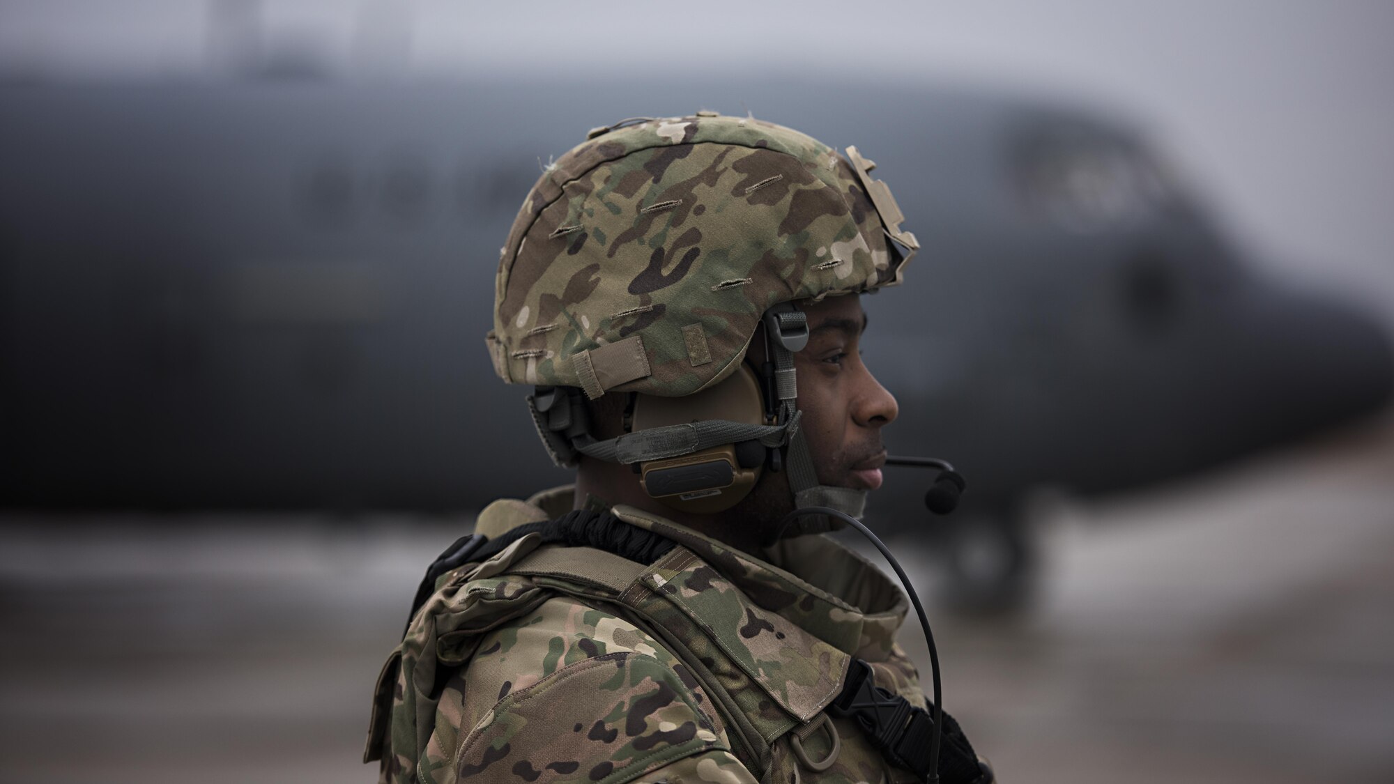Staff Sgt. Rashon Battle, 455th Expeditionary Security Forces Squadron Fly Away Security Team member, provide security for a C-130J Hercules and its aircrew at Camp Bastion, Afghanistan, Feb. 17, 2017. FAST members protect aircraft and aircrew in austere locations. (U.S. Air Force photo by Staff Sgt. Katherine Spessa)