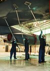 Airmen from the 5th Aircraft Maintenance Squadron wash a B-52H Stratofortress at Minot Air Force Base, N.D., Feb. 14, 2017. It takes the nine-Airman team two days and approximately 10 gallons of soap to wash each jet when it comes in for its routine wash every 120 days. (U.S. Air Force photo/Senior Airman J.T. Armstrong)