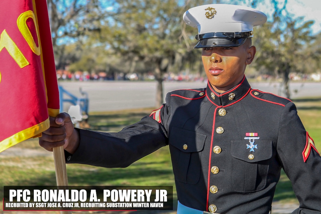 Private First Class Ronaldo A. Powery Jr stands at parade rest before his graduation ceremony aboard Marine Corps Recruit Depot Parris Island, South Carolina, March 03, 2017. Powery is the Honor Graduate of platoon 1010. Powery was recruited by Staff Sgt. Juan A. Cruz from Recruiting Substation Winter Haven. (U.S. Marine Corps photo by Lance Cpl. Jack A. E. Rigsby/Released)