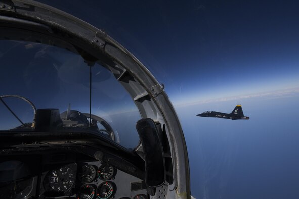 Two T-38 Talons with the 2nd Fighter Training Squadron, Tyndall Air Force Base, Fla., fly over the Gulf of Mexico en route to a routine training mission, Feb. 27, 2017. The 2nd FTS, American Beagles, is one of only two U.S Air Force T-38 Talon adversary squadrons, and is tasked to provide air-to-air threat replication in support of F-22 Raptor combat and formal training squadrons. (U.S Air Force photo/Master Sgt. Burt Traynor)