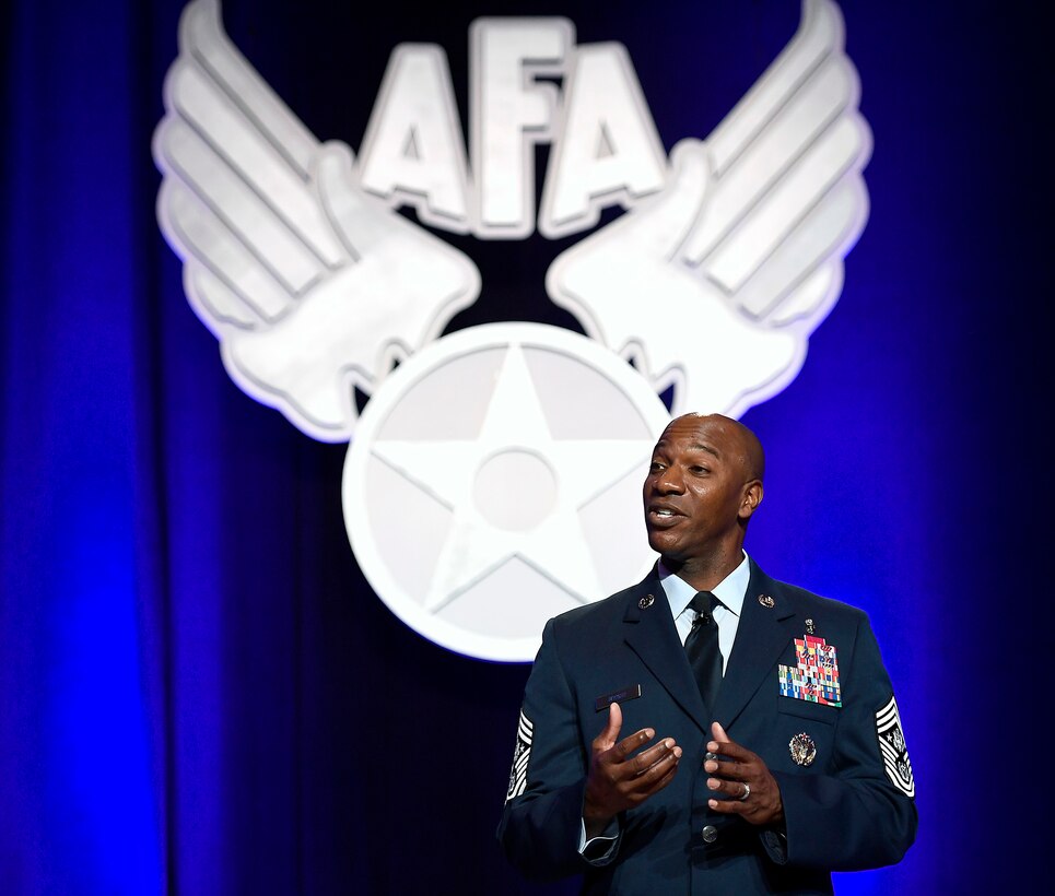 Chief Master Sgt. of the Air Force Kaleth O. Wright speaks about leading Airmen at the Air Force Association Air Warfare Symposium March 2, 2016, in Orlando, Fla. (U.S. Air Force photo/Scott M. Ash)