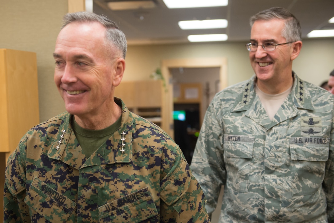 Marine Corps Gen. Joe Dunford, chairman of the Joint Chiefs of Staff, and Air Force Gen. John E. Hyten, commander of U.S. Strategic Command, meet at Stratcom headquarters in Offut, Neb., Mar. 2, 2017.  DoD photo by D. Myles Cullen