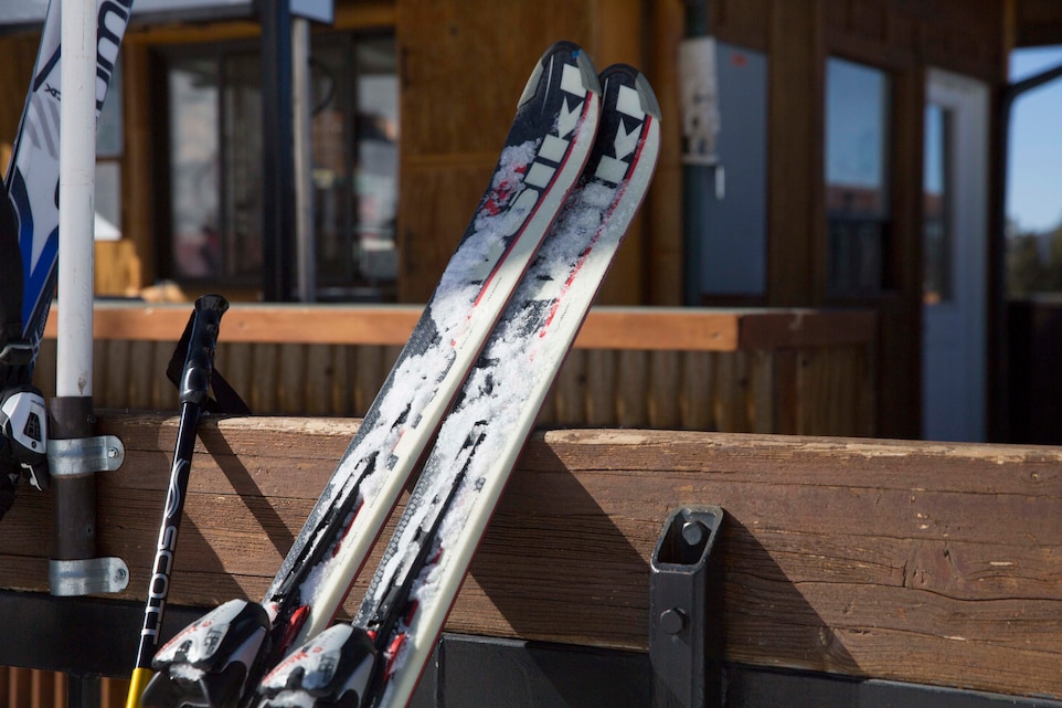 A pair of skis rest on a building during 2nd Battalion, 7th Marine Regiment’s trip to Bear Mountain Ski Resort in Big Bear Lake, Feb. 23, 2017. The trip was provided to the unit courtesy of Operation Adrenaline Rush, a program aimed toward reintegrating Marines and sailors who have just come home from deployment. (U.S Marine photo by Cpl. Medina Ayala-Lo)