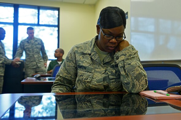 A U.S. Airman takes an electronic test during a College-Level Examination Program Prep-A-Thon session at Shaw Air Force Base, S.C., March 1, 2017. The CLEP Prep-A-Thon program offers help for CLEP, Defense Activity for Non-Traditional Education Support Subject Standardized Tests, SAT and ACT tests. (U.S. Air Force photo by Airman 1st Class Destinee Sweeney)