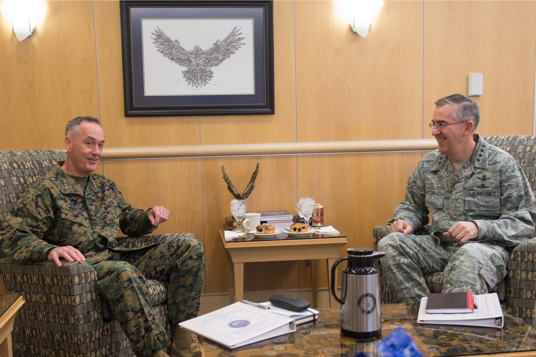 Marine Corps Gen. Joe Dunford, chairman of the Joint Chiefs of Staff, and Air Force Gen. John E. Hyten, commander of U.S. Strategic Command, meet at Stratcom headquarters in Offut, Neb., Mar. 2, 2017.  DoD photo by D. Myles Cullen