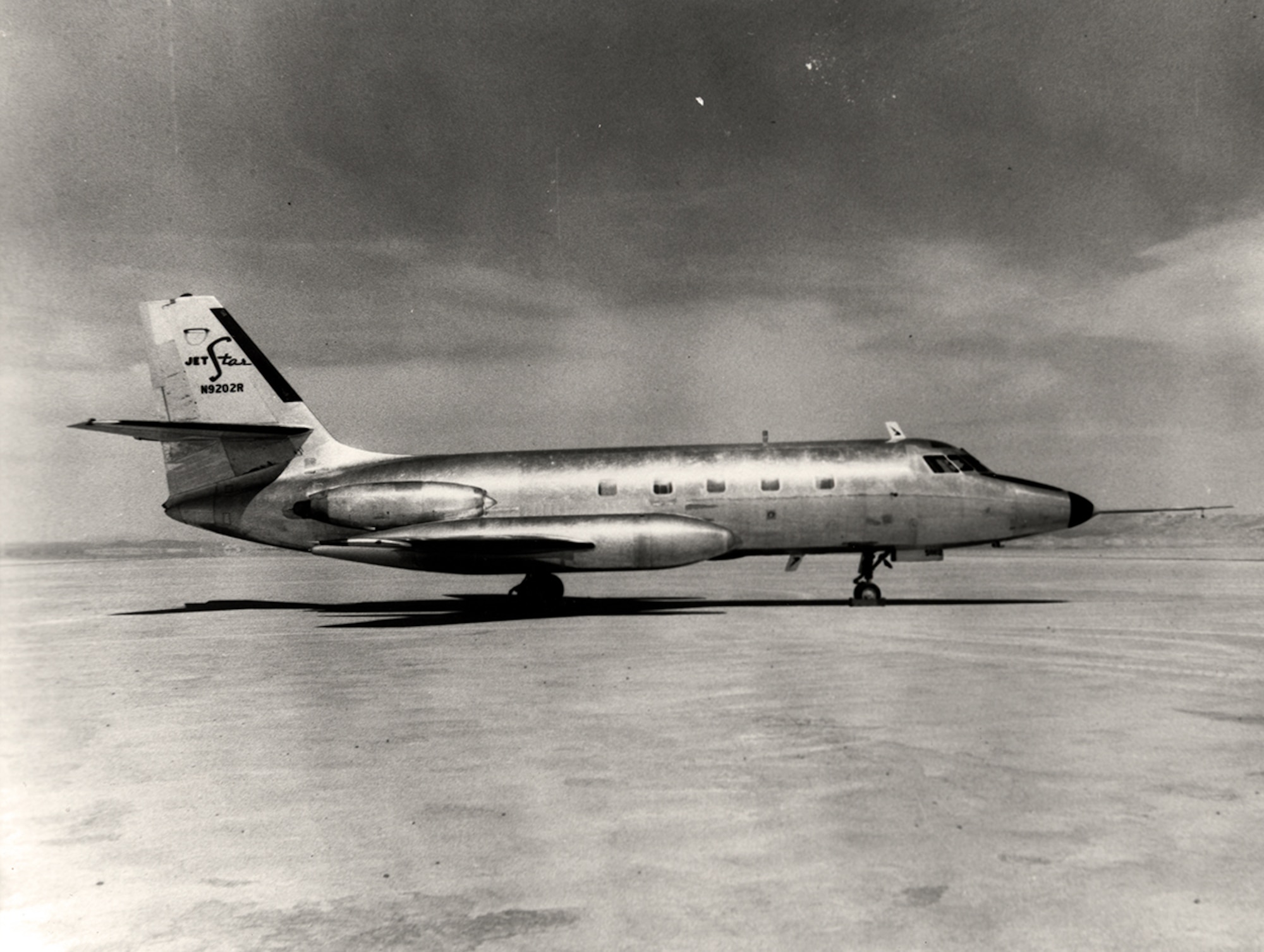 27 Feb 1958 at Edwards - A test team began a series of performance, stability and control flight tests of the Lockheed CL-329 JetStar, a small, high-speed utility transport.  The prototype aircraft was configured with two Bristol Siddeley Orpheus engines. (Edwards History Office file photo)
