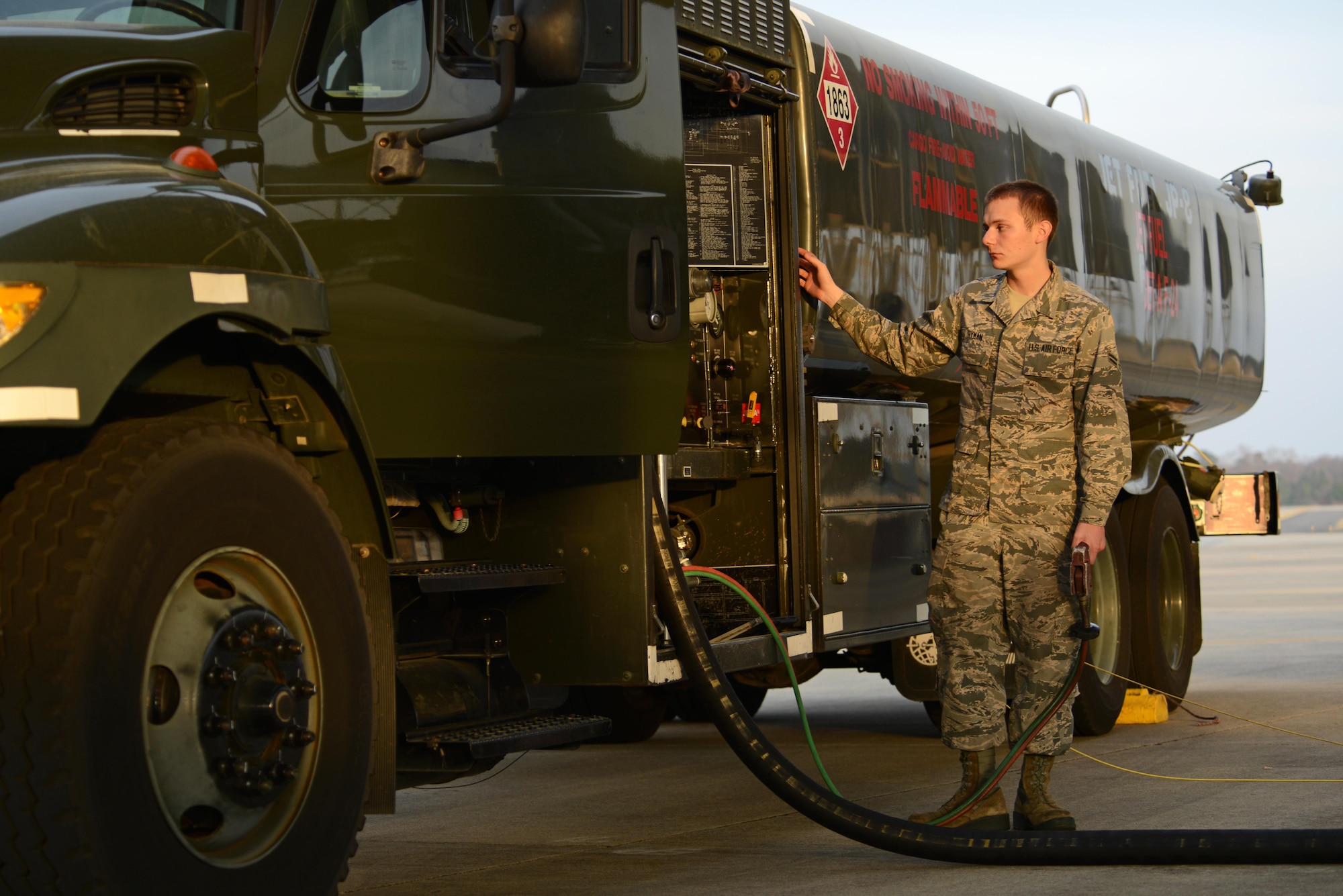 U.S. Air Force Airman 1st Class Alec Hyman, 20th Logistics Readiness Squadron fuels distribution operator, reads a control panel on an R-11 refueling truck at Shaw Air Force Base, S.C., Feb. 28, 2017. The panel shows operators details regarding the fueling process, including how much fuel is dispensed. (U.S. Air Force photo by Airman 1st Class Kathryn R.C. Reaves)