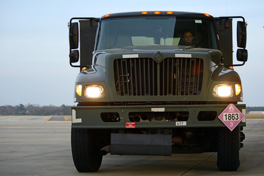 U.S. Air Force Airman 1st Class Alec Hyman, 20th Logistics Readiness Squadron fuels distribution operator, drives a R-11 refueling truck at Shaw Air Force Base, S.C., Feb. 28, 2017. The truck can hold nearly 6,000 gallons of Jet A fuel, enough to fill approximately four empty F-16CM Fighting Falcons. (U.S. Air Force photo by Airman 1st Class Kathryn R.C. Reaves)