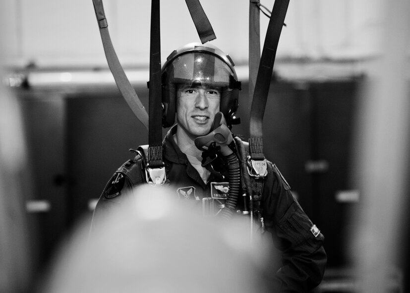 A member of the 23rd Bomb Squadron hangs in a simulated parachute harness at Minot Air Force Base, N.D., Feb. 22, 2017. Egress and emergency parachute training teaches personnel how to safely exit the aircraft and return to the ground after an emergency. (U.S. Air Force photo/Senior Airman J.T. Armstrong)