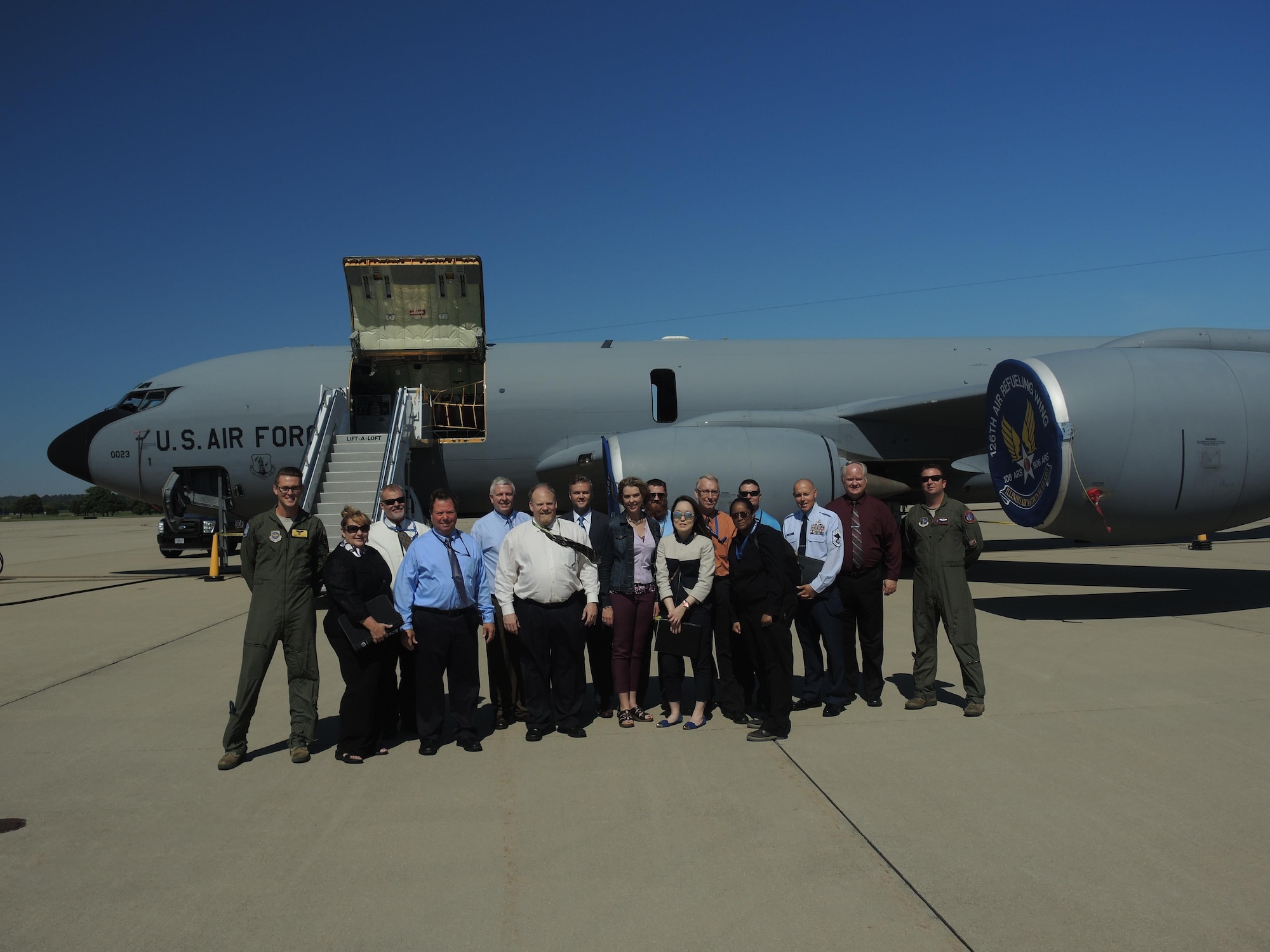 Civilian Leadership Development Program participants and members from the 126th Air Refueling Wing pose for a photo during the CLDP tour at Scott Air Force Base, Illinois. Air Mobility Command’s Civilian Leadership Development Program is a year-long program in which participants are provided leadership training and orientations to various directorates within Headquarters AMC, various associate units and commercial partners. (U.S. Air Force photo)  