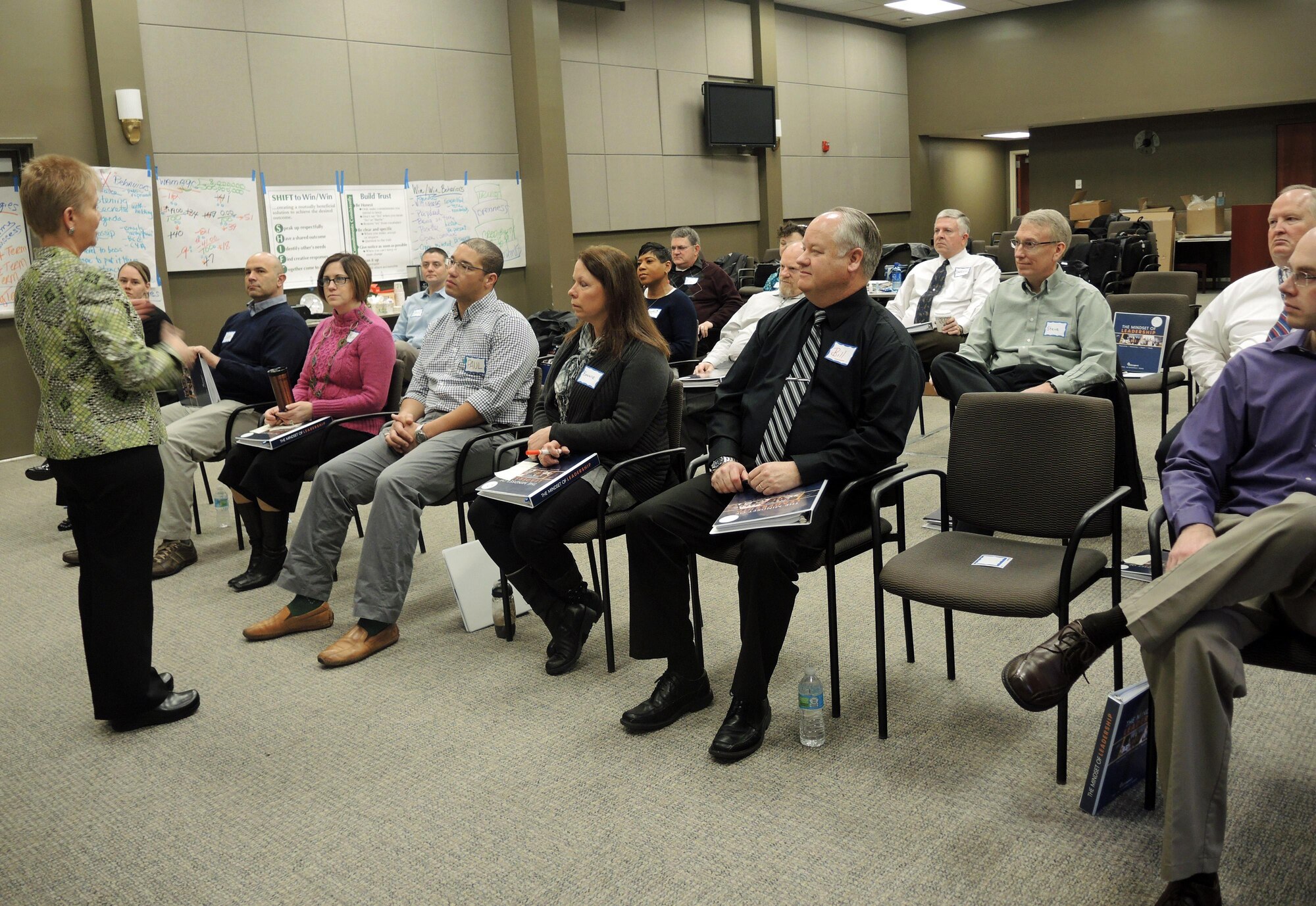 Civilian Leadership Development Program participants listen during a Mindset of Leadership course at Scott Air Force Base, Illinois. Air Mobility Command’s Civilian Leadership Development Program offers participants leadership development courses, networking opportunities and mentorship with AMC senior civilian leaders. (U.S. Air Force photo by Candy Knight)