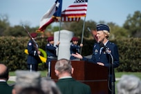 U.S. Air Force Brig. Gen. Heather Pringle, 502nd Air Base Wing and Joint Base San Antonio commander, speaks during a ceremony celebrating the anniversary of the first flight of Army Signal Corps aircraft No. 1 March 2, 2017, at JBSA-Fort Sam Houston, Texas. First Lt. Benjamin Foulois is credited with completing the first military flight on March 2, 1910. (U.S. Air Force photo by Senior Airman Stormy Archer)