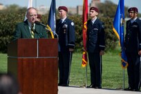 Retired U.S. Air Force Col. Howard Ham, speaks during a ceremony celebrating the anniversary of the first flight of Army Signal Corps aircraft No. 1 March 2, 2017, at JBSA-Fort Sam Houston, Texas. On March 2, 1910, then-Army Lt. Benjamin Foulois became the first person to make a military flight, from a military facility, in a government owned plane flown by a military-trained pilot. (U.S. Air Force photo by Senior Airman Stormy Archer)