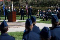 Retired U.S. Air Force Col. James Humphries, speaks during a ceremony celebrating the anniversary of the first flight of Army Signal Corps aircraft No. 1 March 2, 2017, at JBSA-Fort Sam Houston, Texas. On March 2, 1910, then-Army Lt. Benjamin Foulois became the first person to make a military flight, from a military facility, in a government owned plane flown by a military-trained pilot. (U.S. Air Force photo by Senior Airman Stormy Archer)
