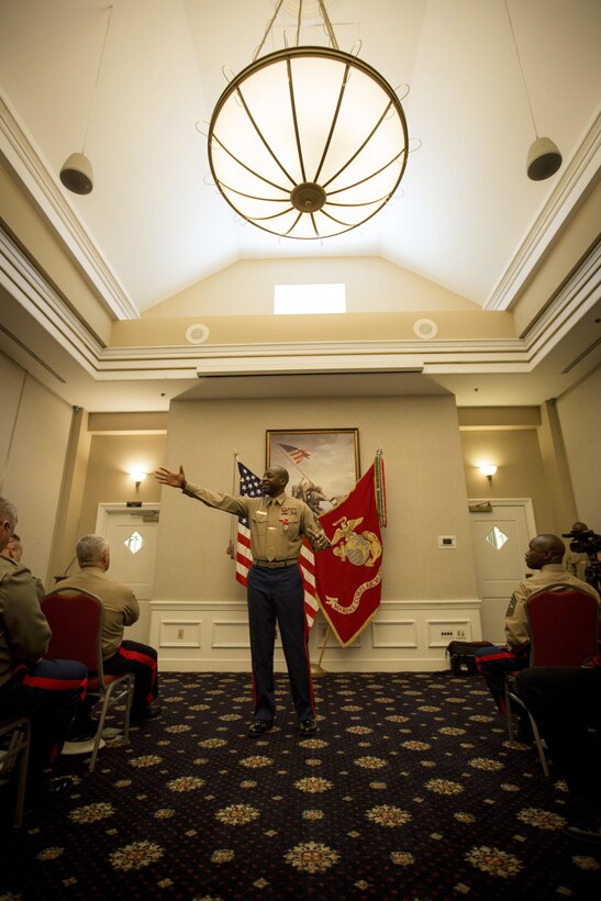 Master Gunnery Sgt. William Barr addresses his family, friends and fellow Marines during his retirement ceremony at The Clubs at Quantico aboard Marine Corps Base Quantico, Va., Mar. 3, 2017. Barr retired after 30 years of service in the Corps, 21 of which were spent in recruiting. He served his last four years on active duty as the operations chief of Marine Corps Recruiting Command.