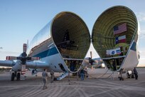 A T-38 Talon is unloaded from a B-377 Super Guppy March 3, 2017, at Joint Base San Antonio-Randolph, Texas. The Super Guppy has a hinged nose that opens 110 degrees, allowing full frontal cargo loading.