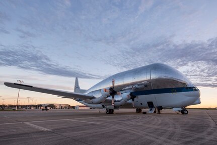 An Aero Spacelines B-377 Super Guppy sits on the flightline at Joint Base San Antonio-Randolph, Texas March 3, 2017. The Super Guppy, operated by NASA, has a cargo space that is 25 feet in diameter and 111 feet long. (U.S. Air Force photo by Senior Airman Stormy Archer/Released)