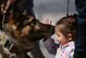 A military working dog interacts with a Creech family member during ‘Family Day’ at Creech Air Force Base, Nev., March 1, 2017. A MWD demonstration was one of several events that took place at Creech Family day. (U.S. Air Force photo/Airman 1st Class James Thompson) 