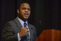 Brian Smalls, a local attorney and activist, delivers a speech during the National African American History Month ceremony at Joint Base Langley-Eustis, Va., Feb. 28, 2017.   According to Smalls, people must be willing to discuss the topic of education for African American students. (U.S. Air Force photo by 1st Lt. Mahalia Frost)