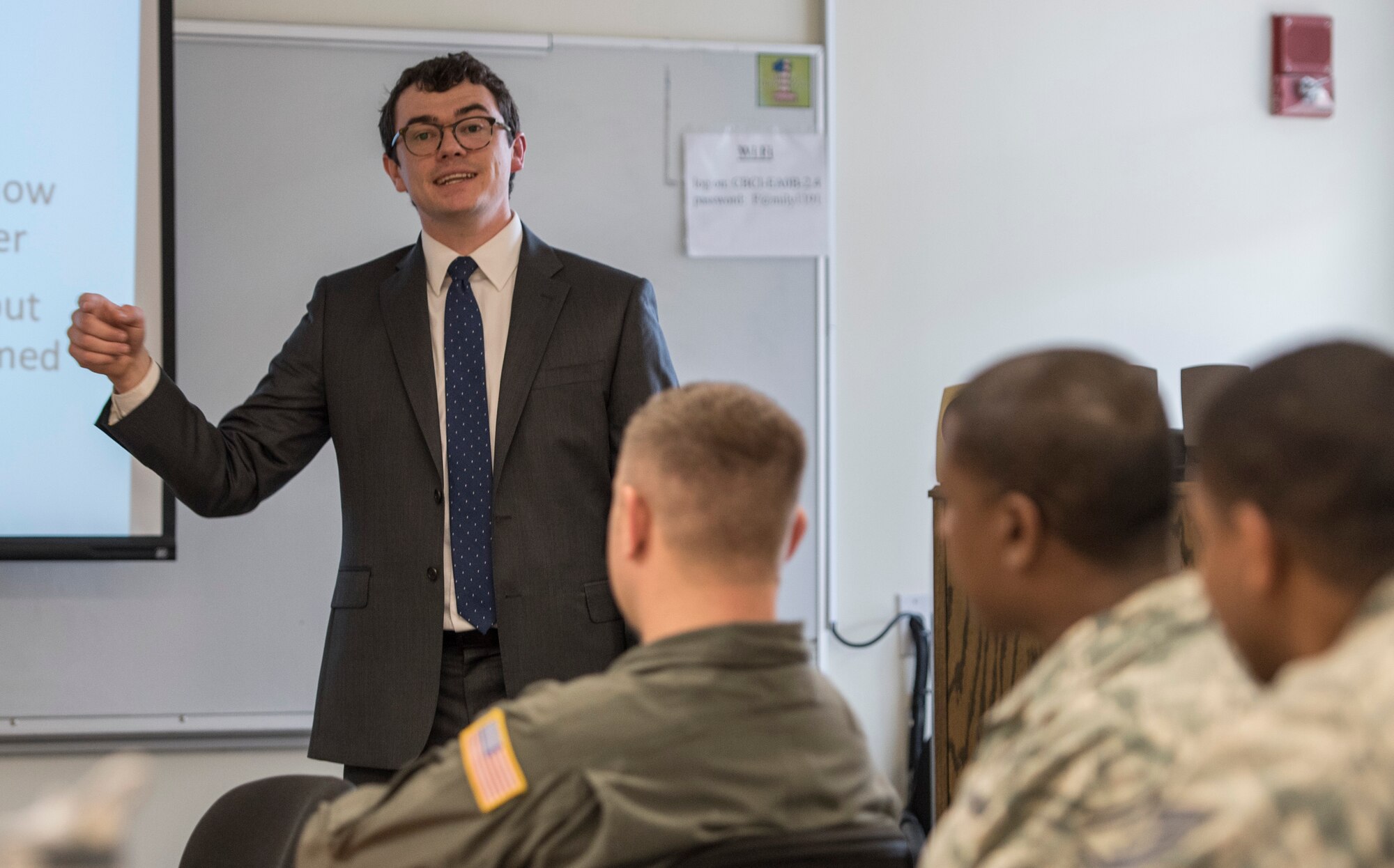 Nick Cordell, U.S. Securities and Exchange Commission attorney adviser, speaks to service members about investing during Military Saves Week at Joint Base Andrews, Md., March 3, 2017. In addition to information briefings, the Military and Family Support Center hosted in-unit workshops tailored to individual offices and information booths around the base. (U.S. Air Force photo by Senior Airman Jordyn Fetter)