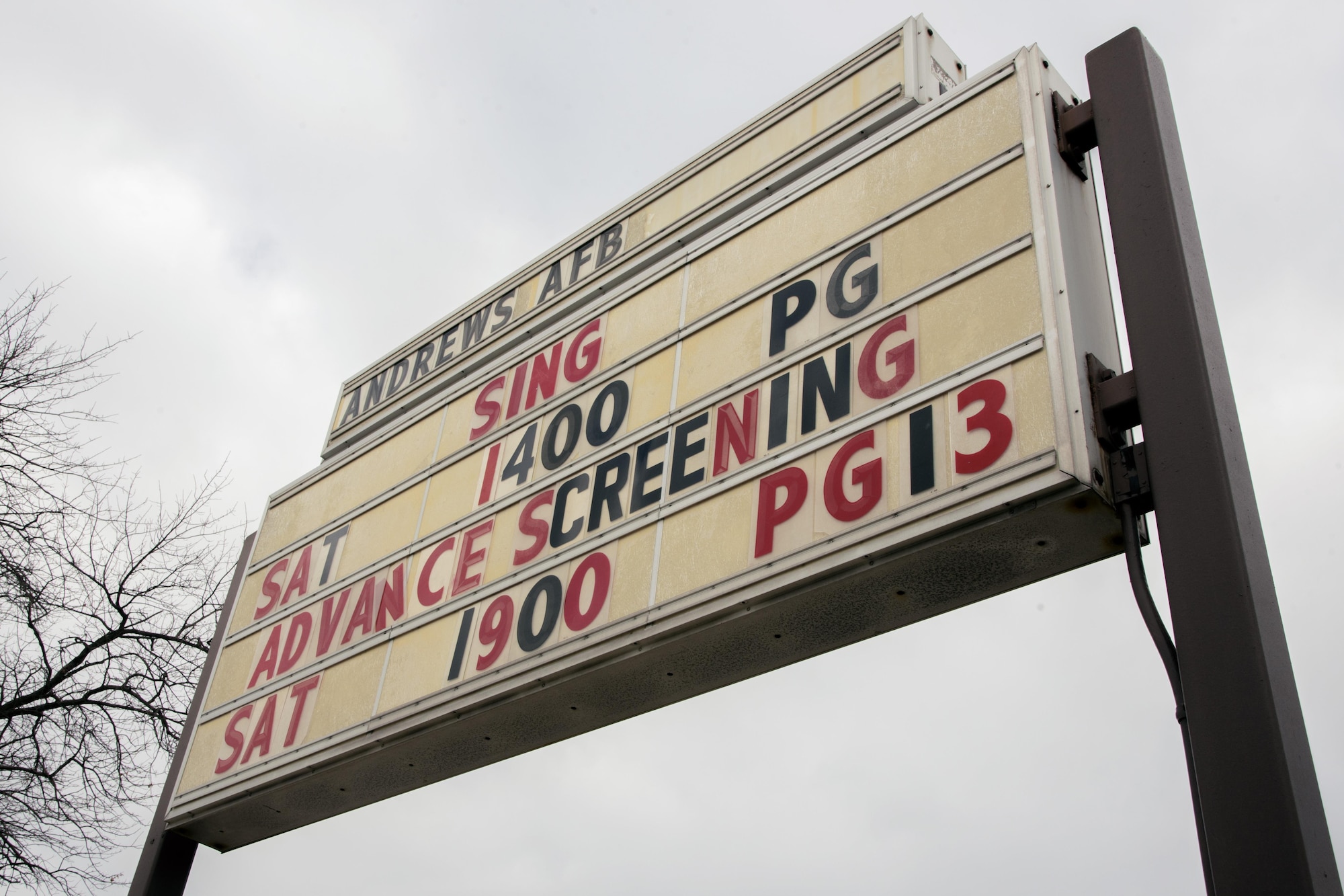 A base theater sign stands outside at Joint Base Andrews, Md., March 3, 2017. A free movie screening of “Kong: Skull Island” for Department of Defense cardholders is scheduled during the base theater grand opening, March 4, 2017, at 7 p.m. (U.S. Air Force photo by Airman 1st Class Valentina Lopez)